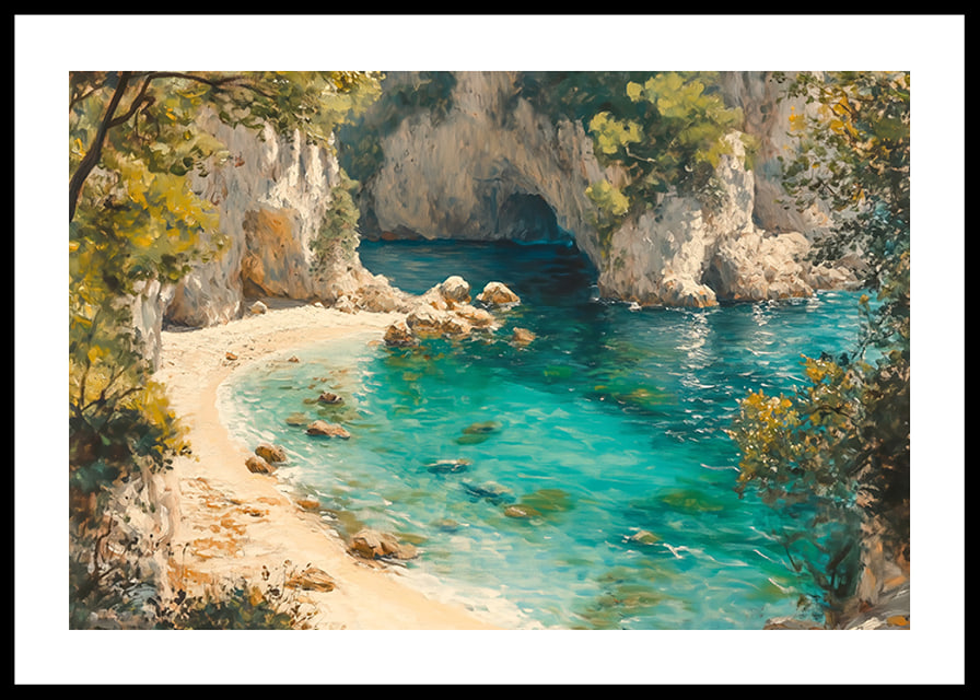 A poster of a pristine paradise beach with crystal clear turquoise water and lush greenery-12