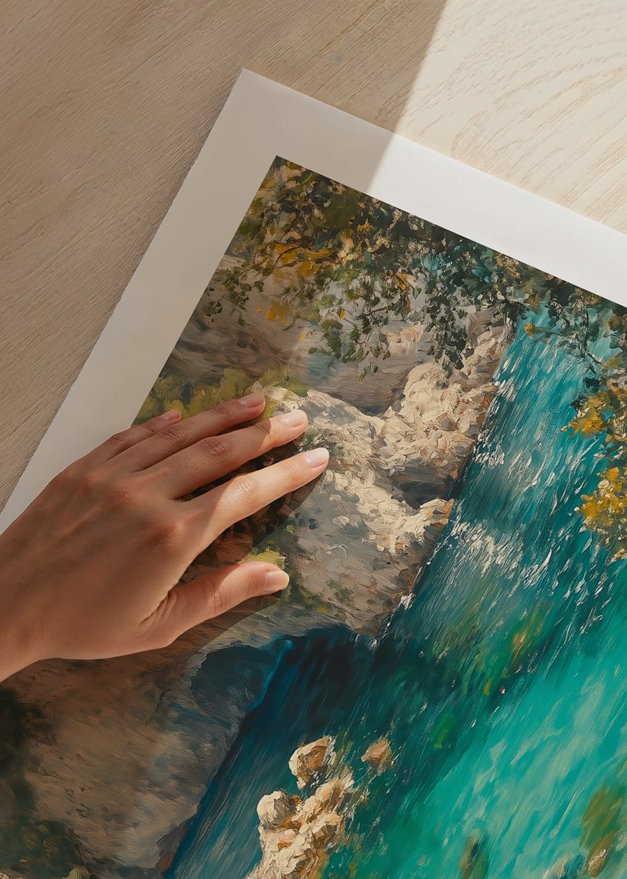 A poster of a pristine paradise beach with crystal clear turquoise water and lush greenery-12