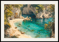 A poster of a pristine paradise beach with crystal clear turquoise water and lush greenery-2