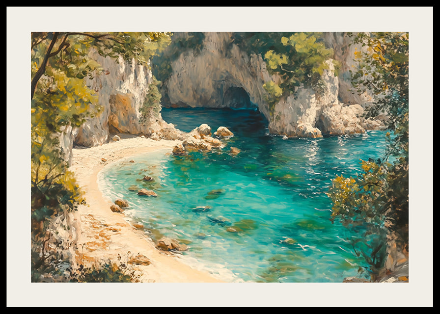 A poster of a pristine paradise beach with crystal clear turquoise water and lush greenery-12
