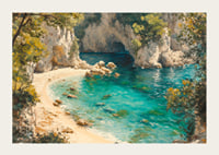 A poster of a pristine paradise beach with crystal clear turquoise water and lush greenery-3