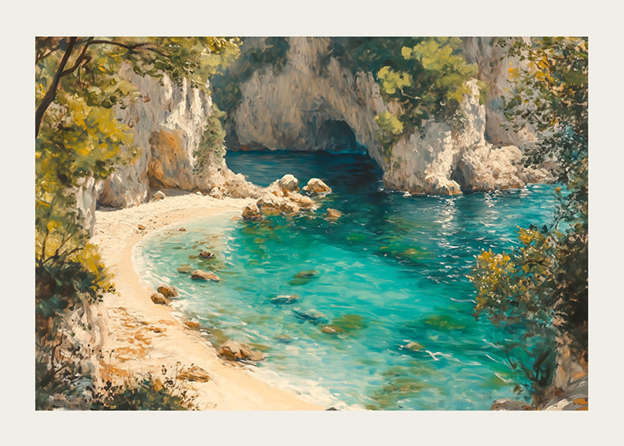 A poster of a pristine paradise beach with crystal clear turquoise water and lush greenery-12