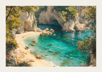 Un cartel de una playa paradisíaca prístina con agua turquesa cristalina y exuberante vegetación.-3