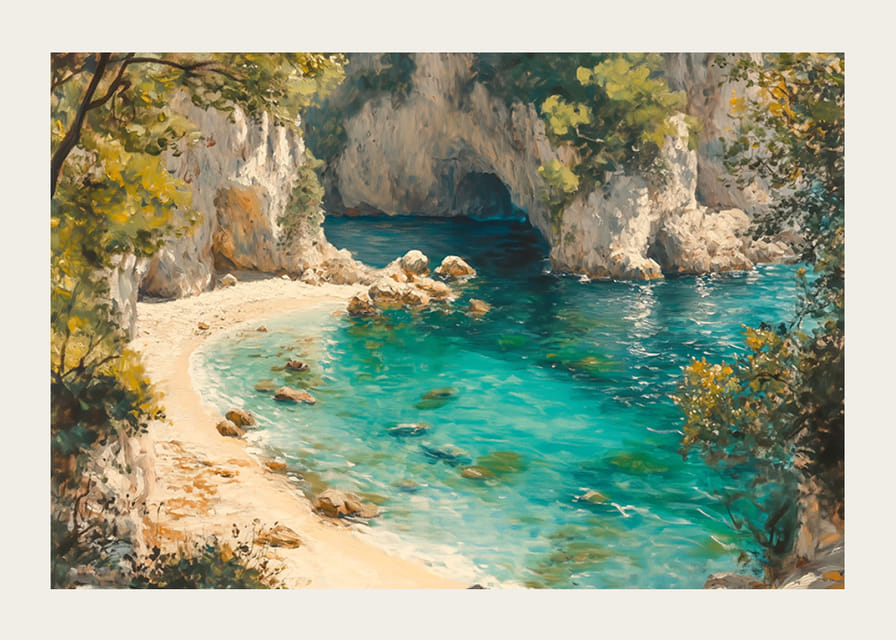 Un cartel de una playa paradisíaca prístina con agua turquesa cristalina y exuberante vegetación.-12