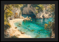 Un cartel de una playa paradisíaca prístina con agua turquesa cristalina y exuberante vegetación.-4