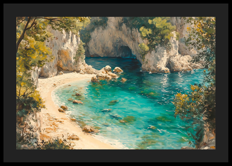 Un cartel de una playa paradisíaca prístina con agua turquesa cristalina y exuberante vegetación.-12