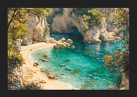 A poster of a pristine paradise beach with crystal clear turquoise water and lush greenery-5