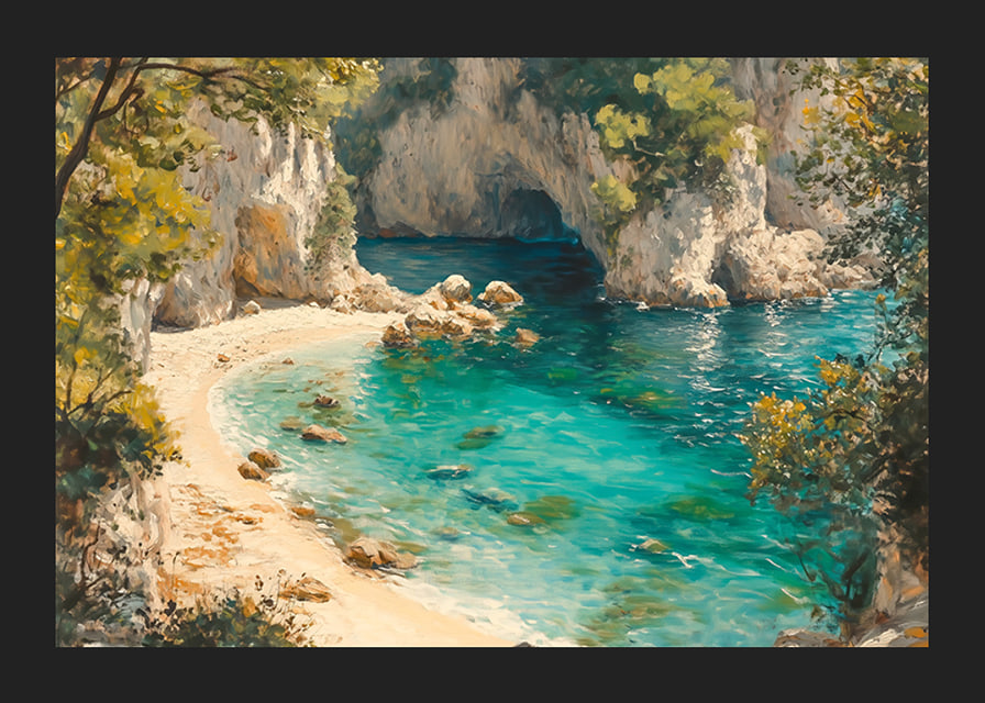 A poster of a pristine paradise beach with crystal clear turquoise water and lush greenery-12