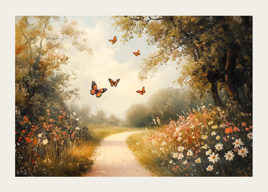A poster of a sunny forest path surrounded by flower meadows-12