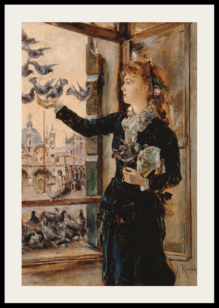 Pige ved et vindue på Markuspladsen, fodrer duer af Anton Romako -12