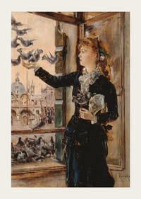 Pige ved et vindue på Markuspladsen, fodrer duer af Anton Romako -5