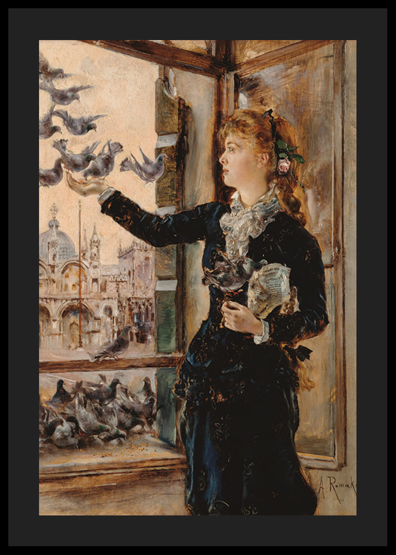 Pige ved et vindue på Markuspladsen, fodrer duer af Anton Romako -12