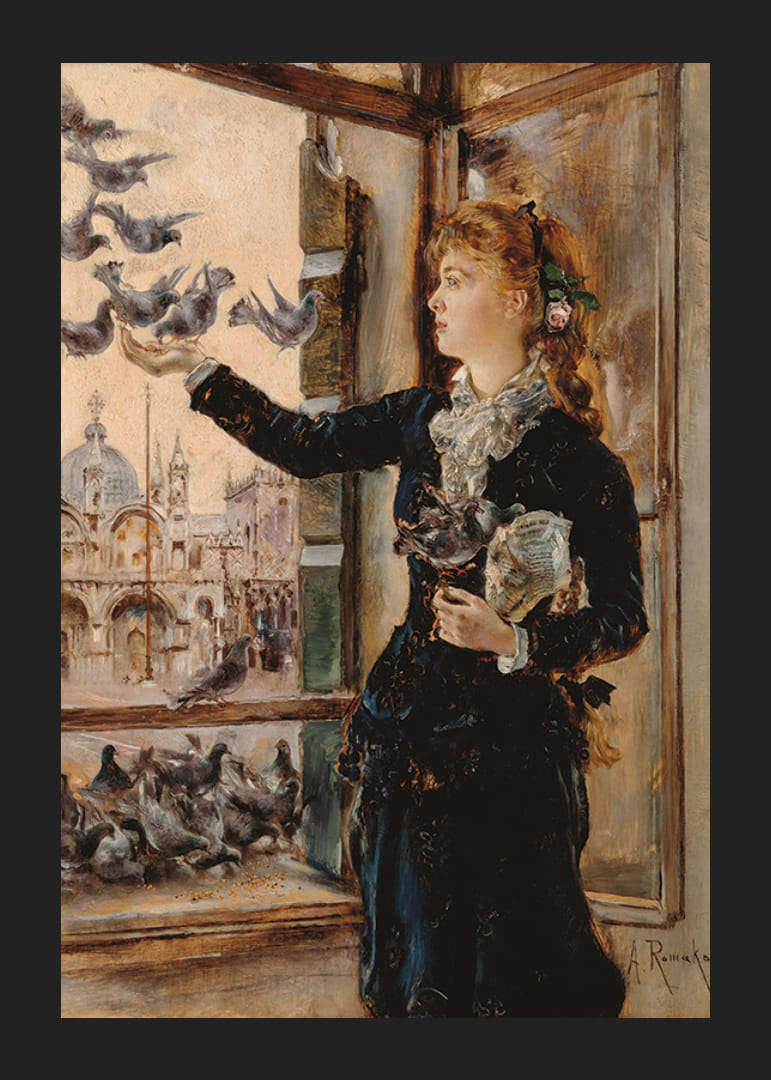 Pige ved et vindue på Markuspladsen, fodrer duer af Anton Romako -12