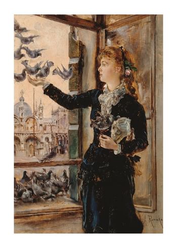 Poster Mädchen An Einem Fenster Zum Markusplatz Tauben Fütternd By Anton Romako 