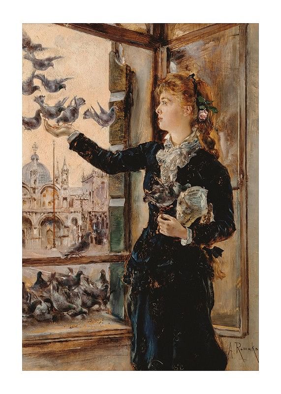 Plagát Mädchen An Einem Fenster Zum Markusplatz Tauben Fütternd By Anton Romako 