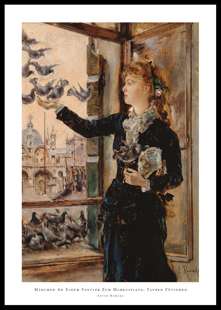 Mädchen An Einem Fenster Zum Markusplatz, Tauben Fütternd By Anton Romako -12