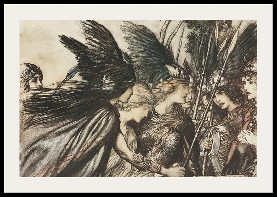 ‘I flee for the first time and am pursued_ Warfather follows close By Arthur Rackham-12