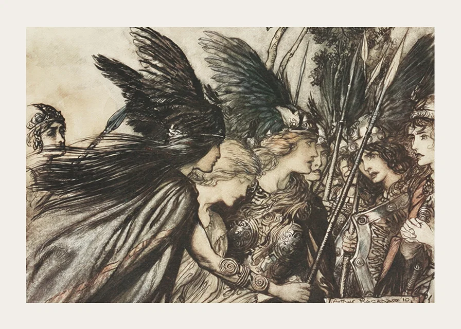 ‘I flee for the first time and am pursued_ Warfather follows close By Arthur Rackham-12