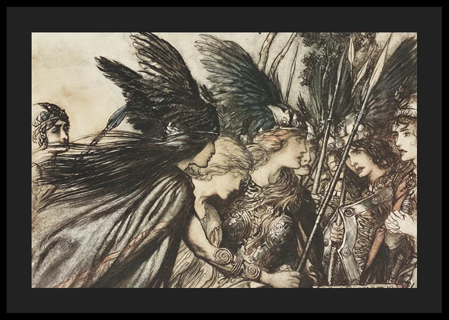 ‘I flee for the first time and am pursued_ Warfather follows close By Arthur Rackham-12
