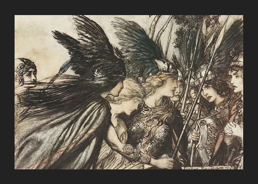 ‘I flee for the first time and am pursued_ Warfather follows close By Arthur Rackham-12