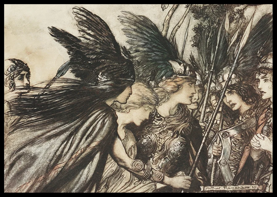 ‘I flee for the first time and am pursued_ Warfather follows close By Arthur Rackham-12