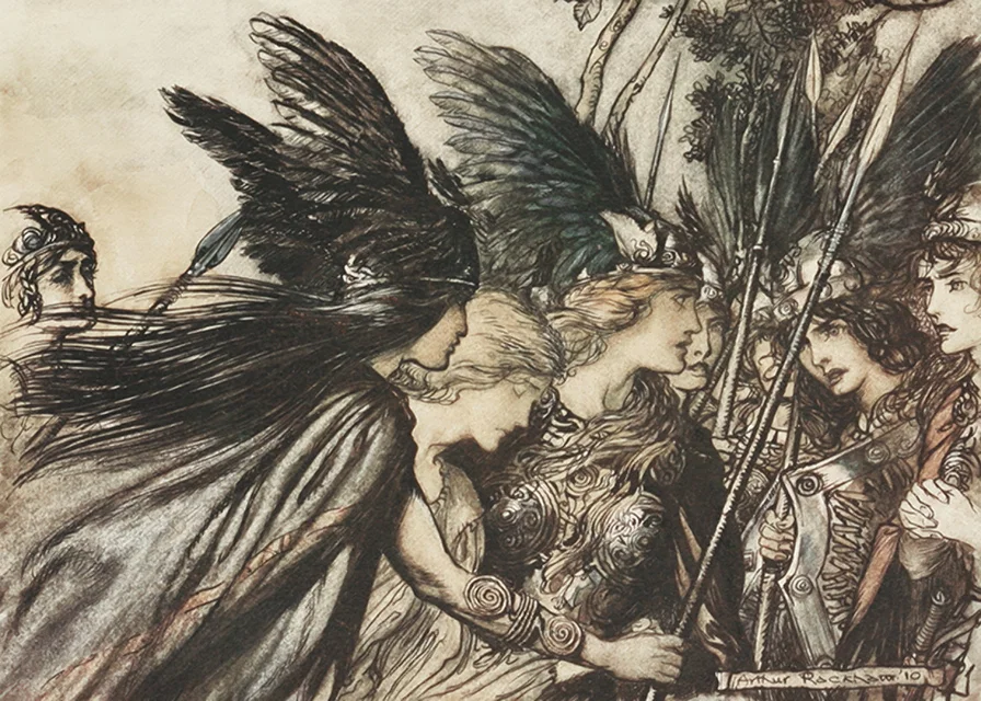 ‘I flee for the first time and am pursued_ Warfather follows close By Arthur Rackham-12