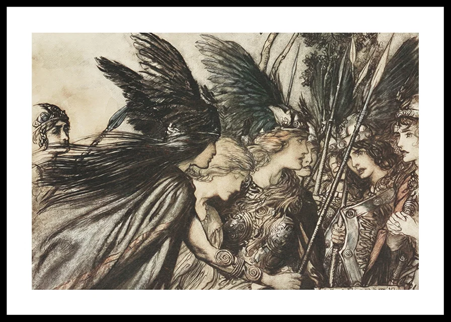 ‘I flee for the first time and am pursued_ Warfather follows close By Arthur Rackham-12