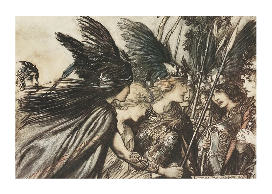 ‘I flee for the first time and am pursued_ Warfather follows close By Arthur Rackham-12