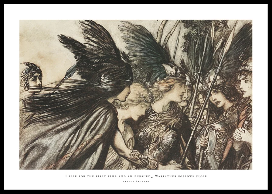 ‘I flee for the first time and am pursued_ Warfather follows close By Arthur Rackham-12