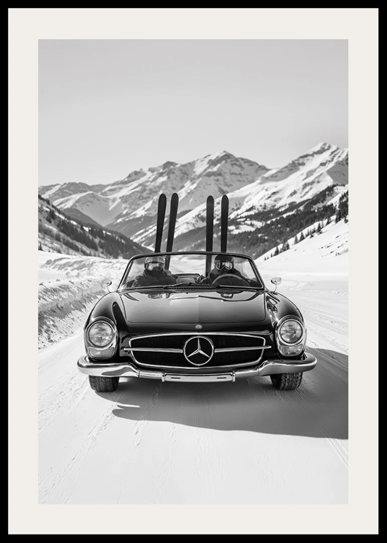 Poster på två skidåkare som tar sin Mercedes hem från bergen-12