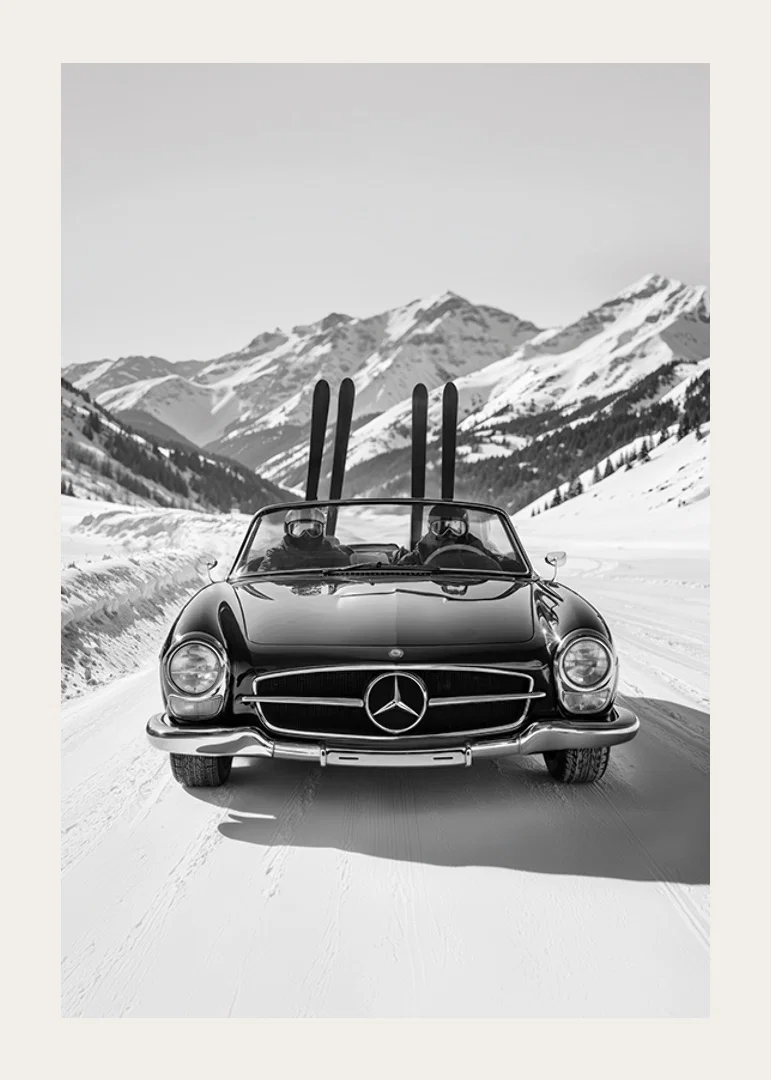 Poster på två skidåkare som tar sin Mercedes hem från bergen-12