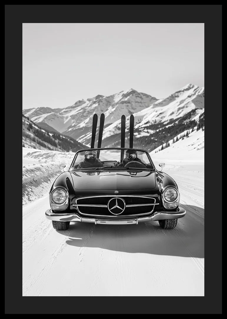 Poster på två skidåkare som tar sin Mercedes hem från bergen-12