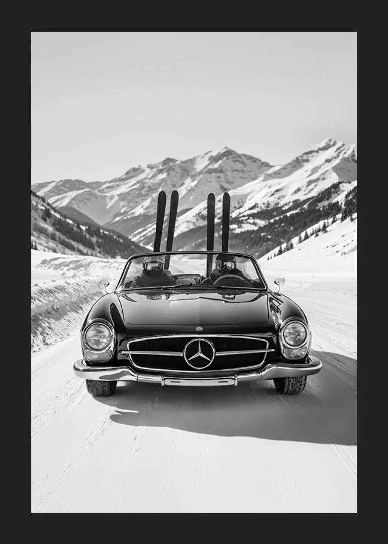 Poster på två skidåkare som tar sin Mercedes hem från bergen-12