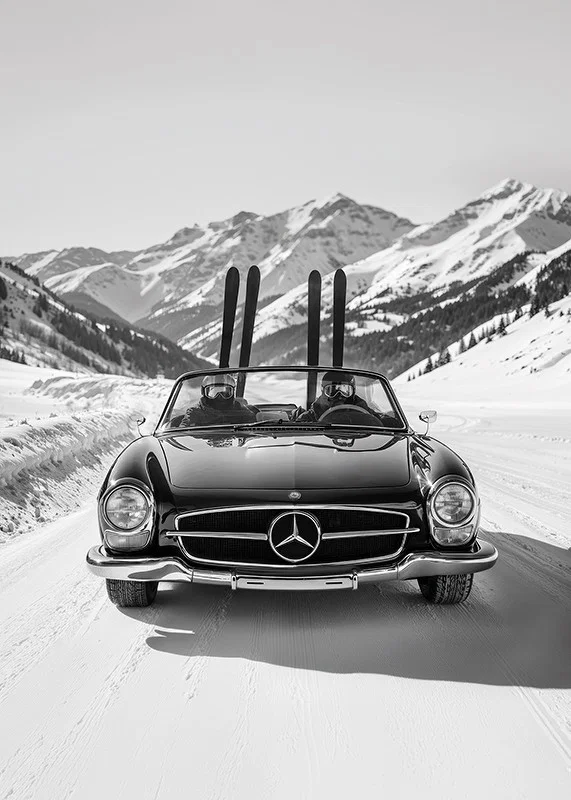 Poster på två skidåkare som tar sin Mercedes hem från bergen-12