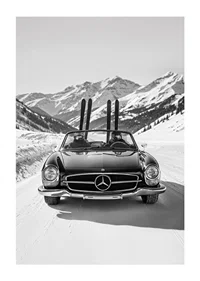 Poster på två skidåkare som tar sin Mercedes hem från bergen-1