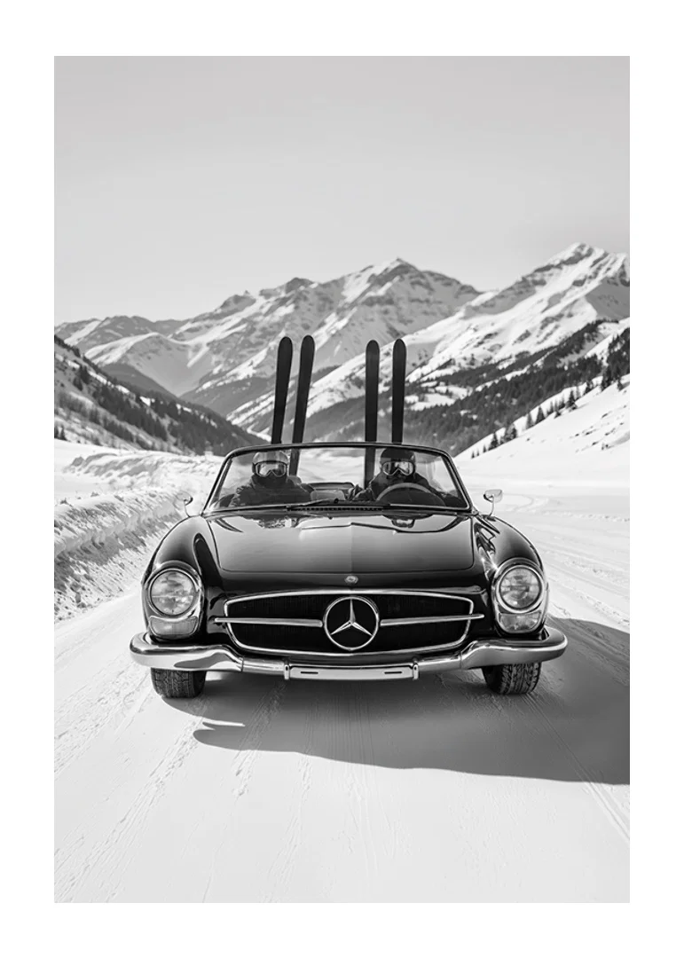 Poster på två skidåkare som tar sin Mercedes hem från bergen-12