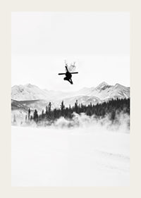 Poster of a skier in the Alps jumping between treetops-3