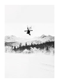 Poster of a skier in the Alps jumping between treetops-1