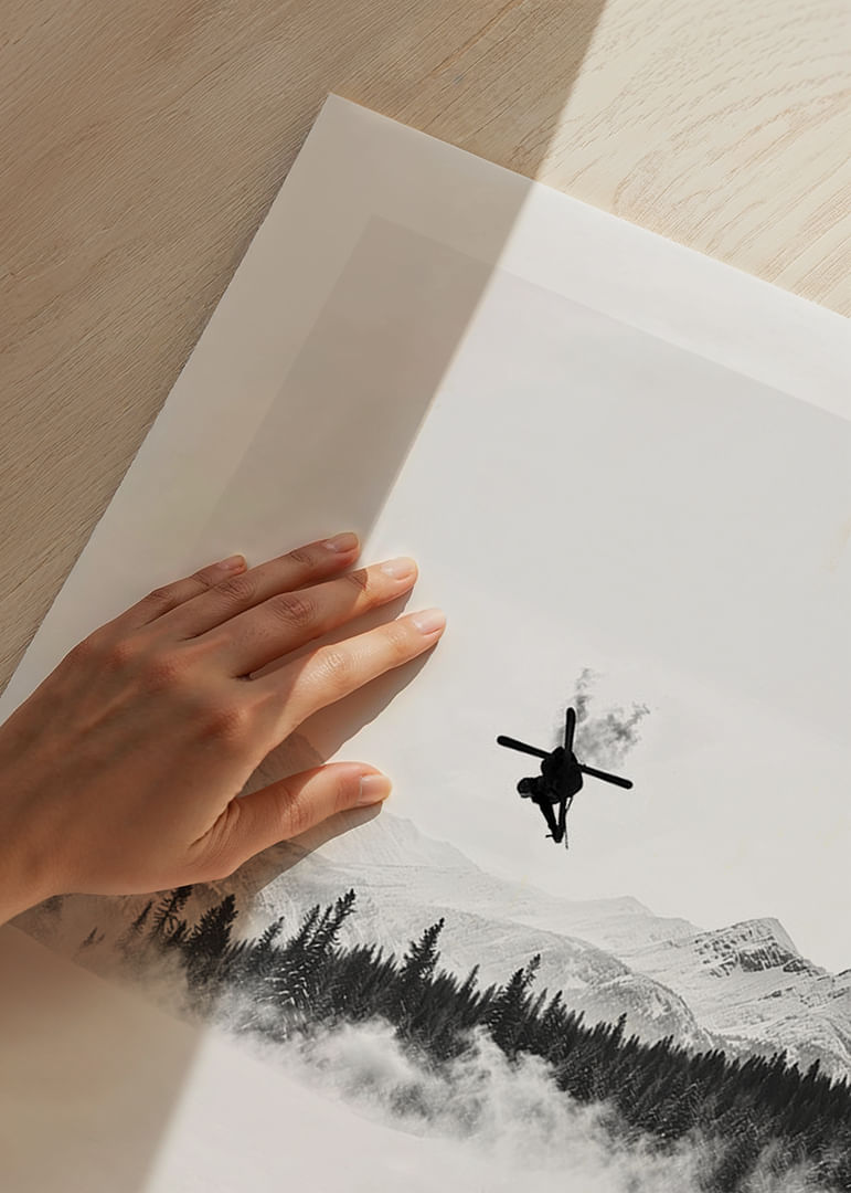Poster of a skier in the Alps jumping between treetops-12