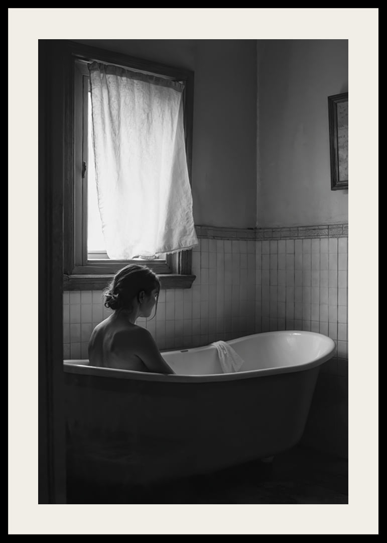 A poster with a woman sitting in her bathtub and thinking-12