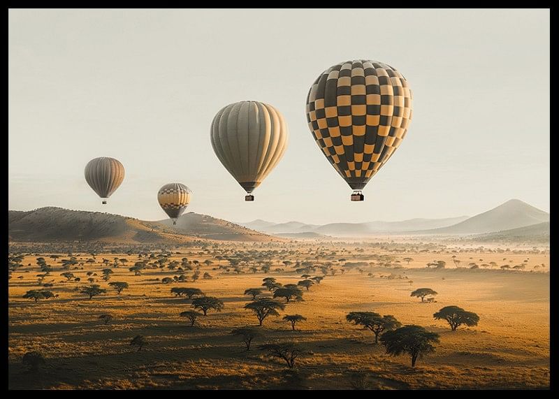 Poster cu baloane cu aer cald plutind deasupra unei savane frumoase-12