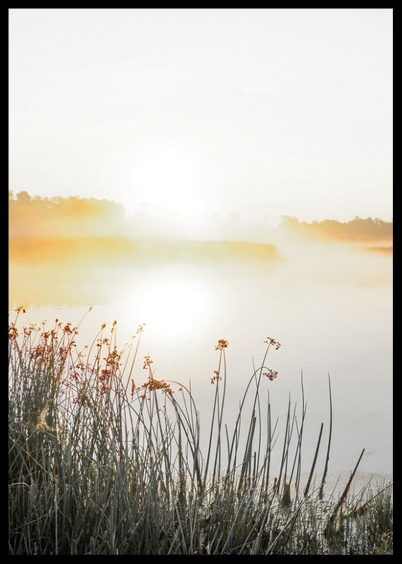 Poster med vacker naturbild över en dimmig sjö i soluppgång-12