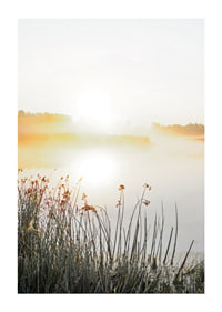 Poster med vacker naturbild över en dimmig sjö i soluppgång-1