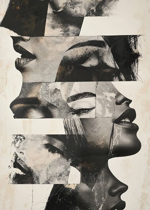 Un poster cu un motiv abstract cu diferite fețe-12