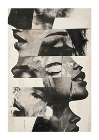 En poster med ett abstrakt motiv med olika ansikten-1