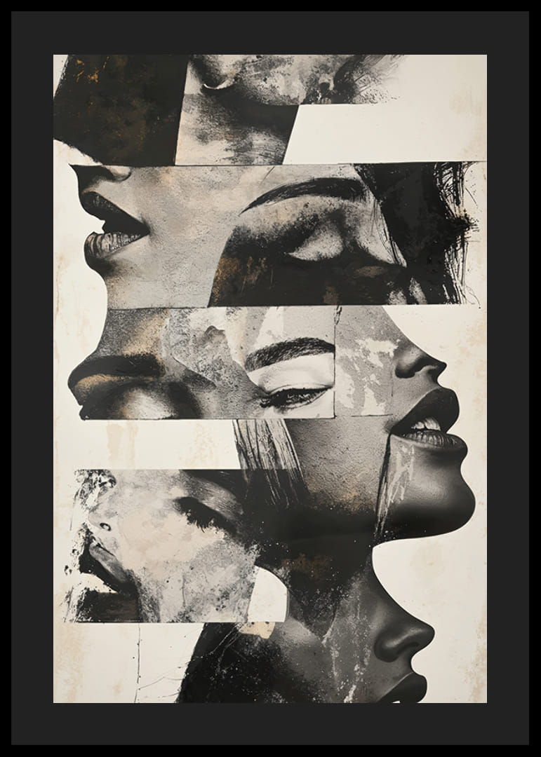 Ein Poster mit einem abstrakten Motiv mit verschiedenen Gesichtern-12