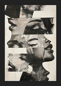 En poster med ett abstrakt motiv med olika ansikten-5