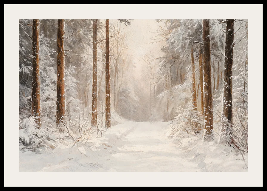 A poster showing a snow covered forest path surrounded by frosty trees -12