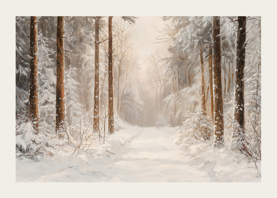 Plakatas, kuriame vaizduojamas apsnigtas miško takas, apsuptas apšalusių medžių -12