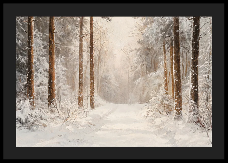 A poster showing a snow covered forest path surrounded by frosty trees -12